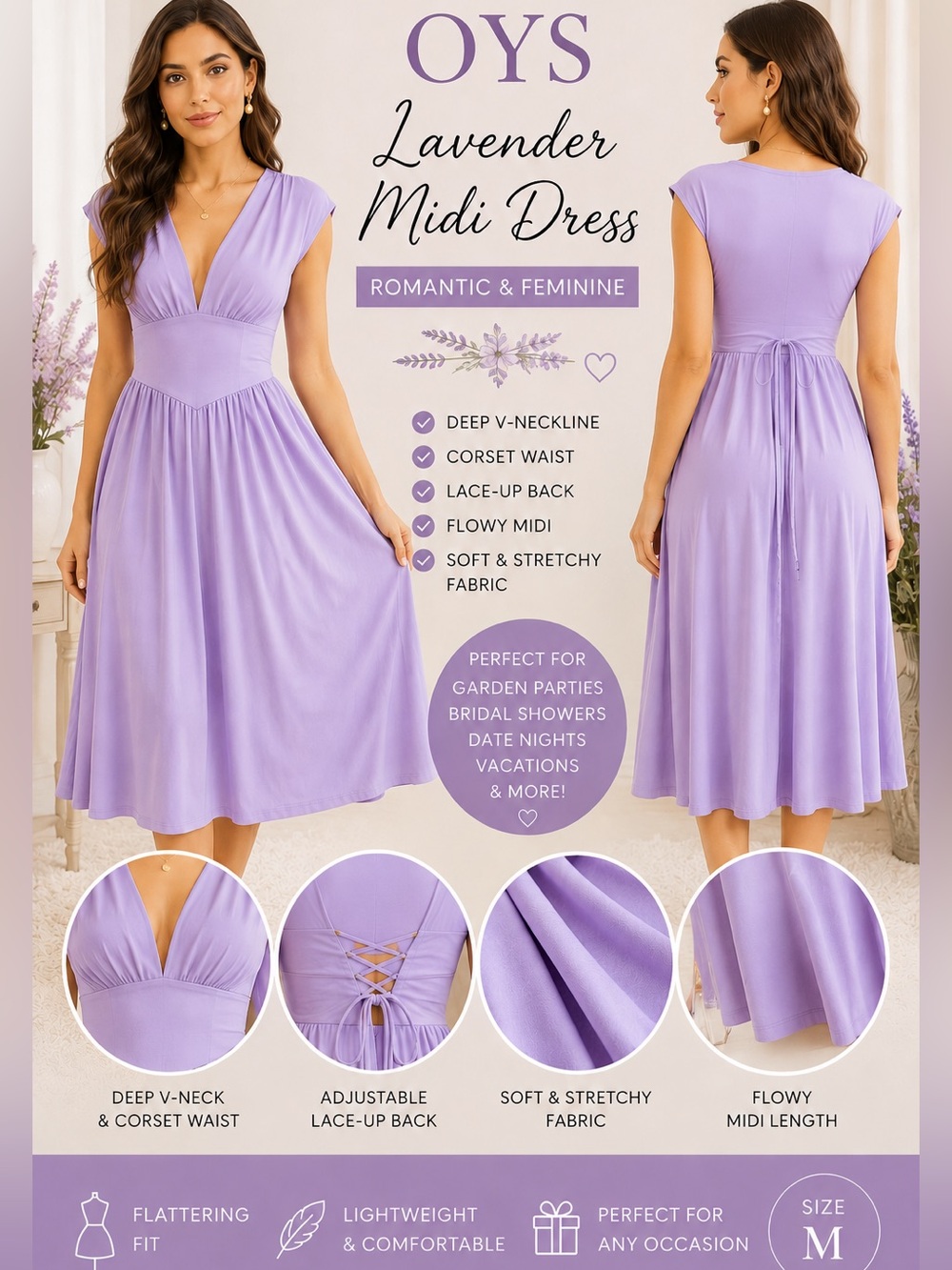 OYS Lavender Corset Waist Midi Dress | Cottagecore Romance | Size M